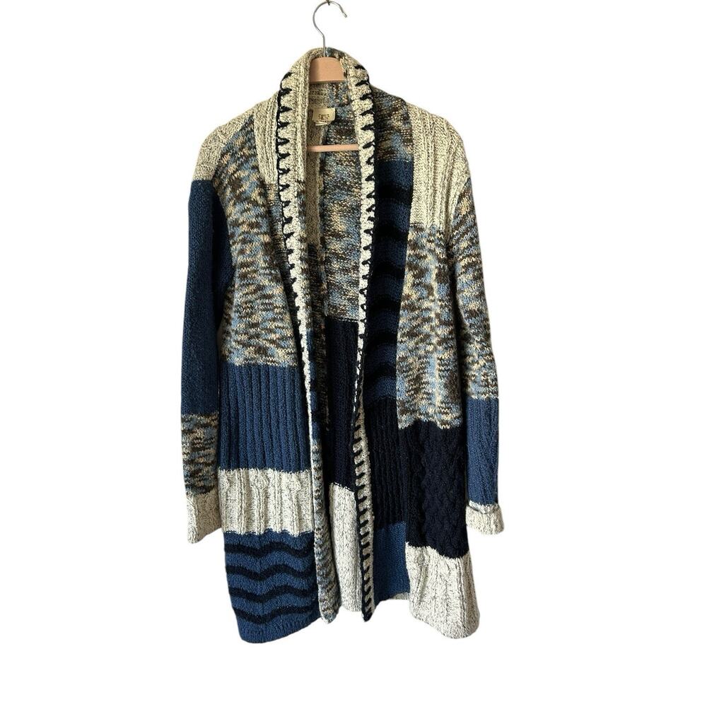 Open-Front Chunky Patchwork Cardigan Sweater in Navy and Cream